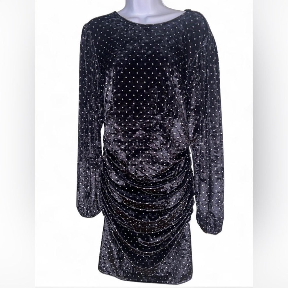 GANNI ruched polka-dot black velvet mini dress